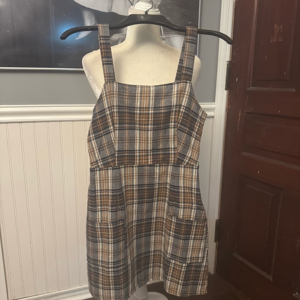 American Eagle 90s Y2K Brown Plaid Sleeveless Mini Dress Size S Made In Italy